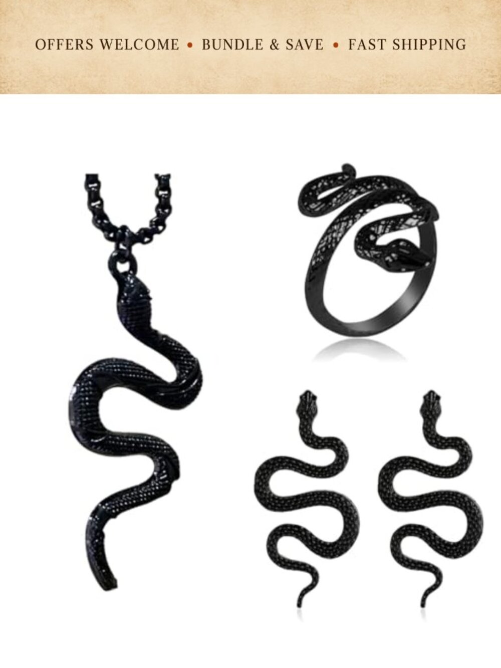 Snake Jewelry Set Necklace Earrings Ring Gothic Punk Style
